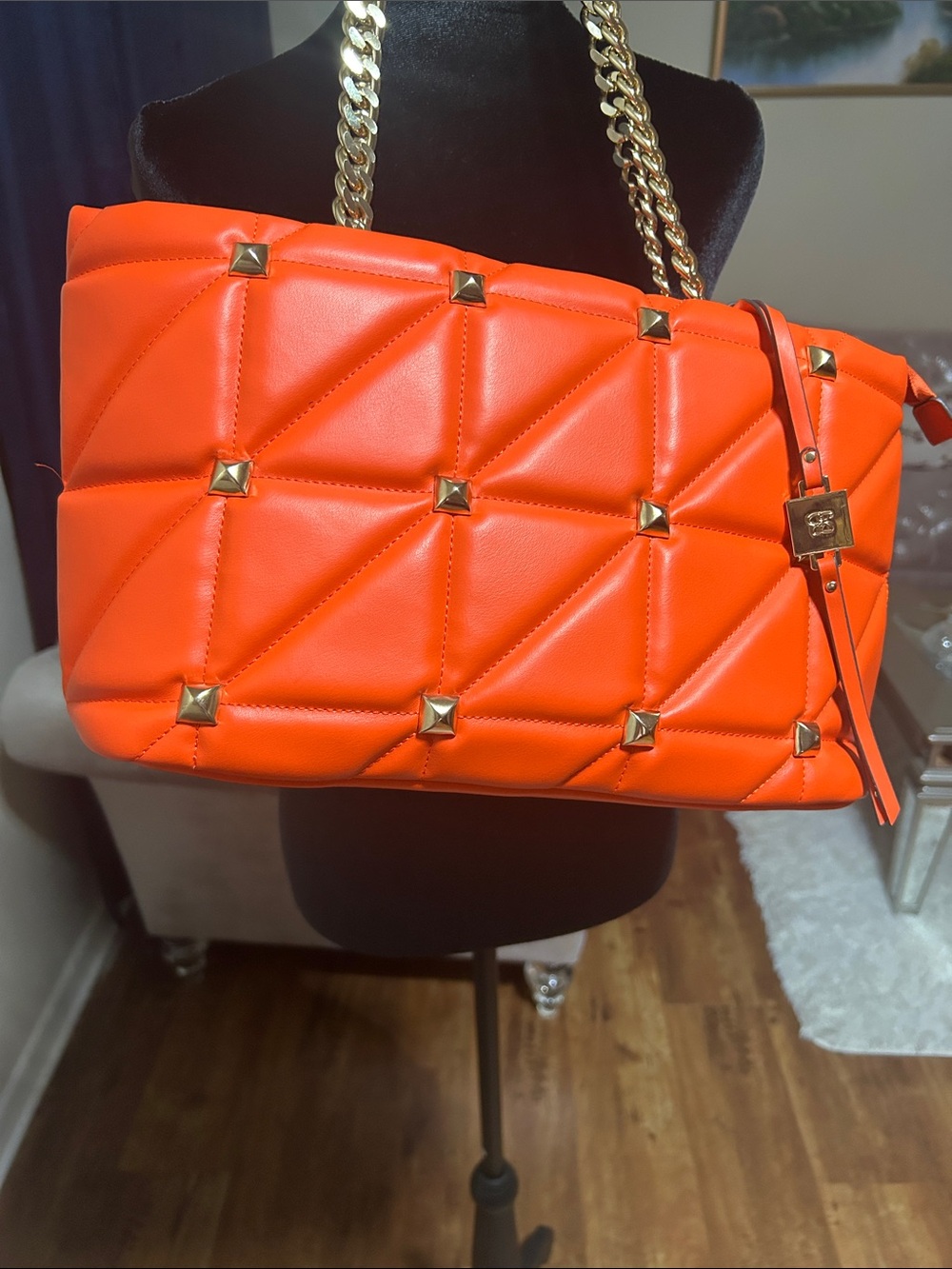 Jessica Simpson Bright Orange Quilted Shoulder Bag with Gold Chain